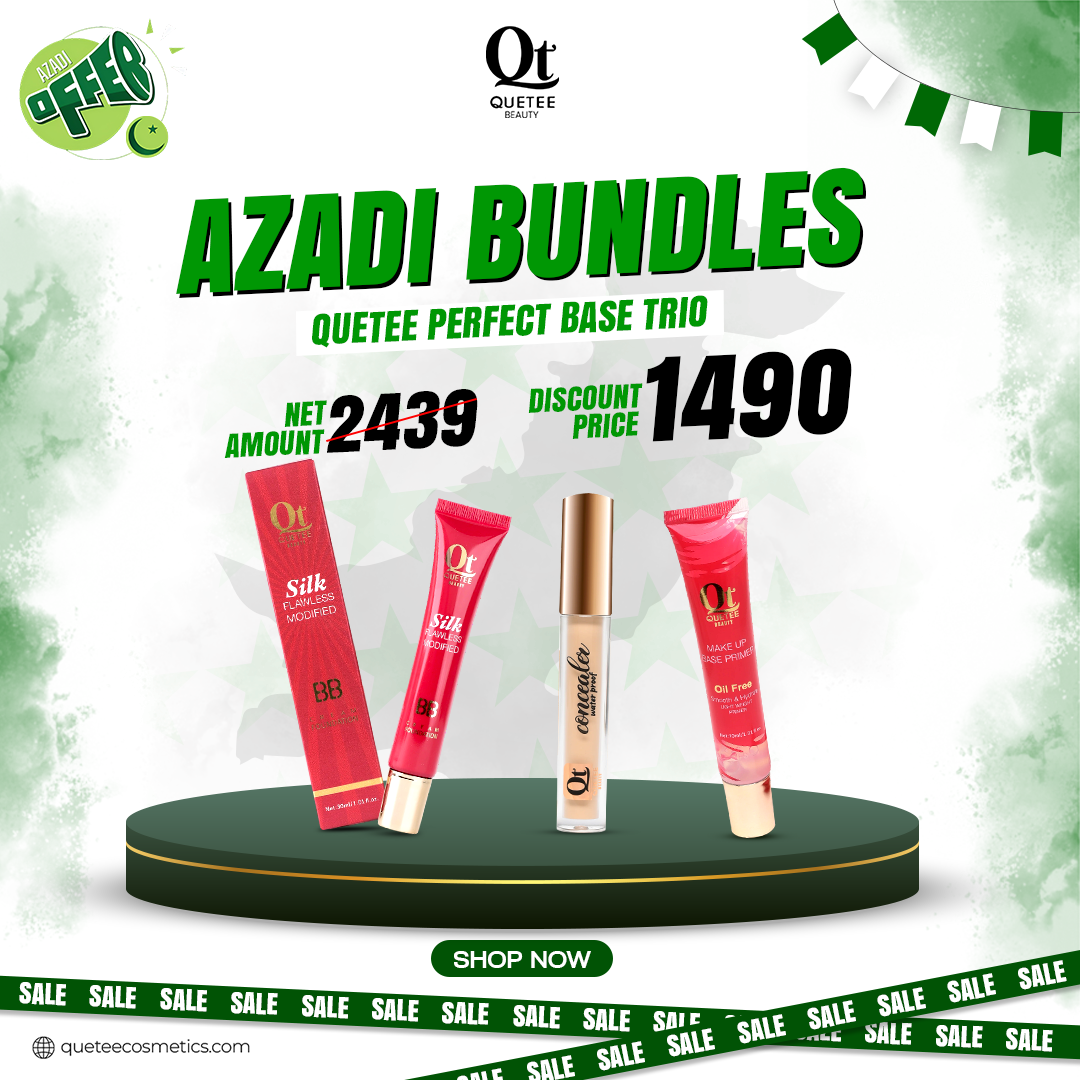 Quetee Perfect Base Trio Azadi Bundle premium makeup base kit with BB cream, foundation, concealer and beauty products for flawless complexion.