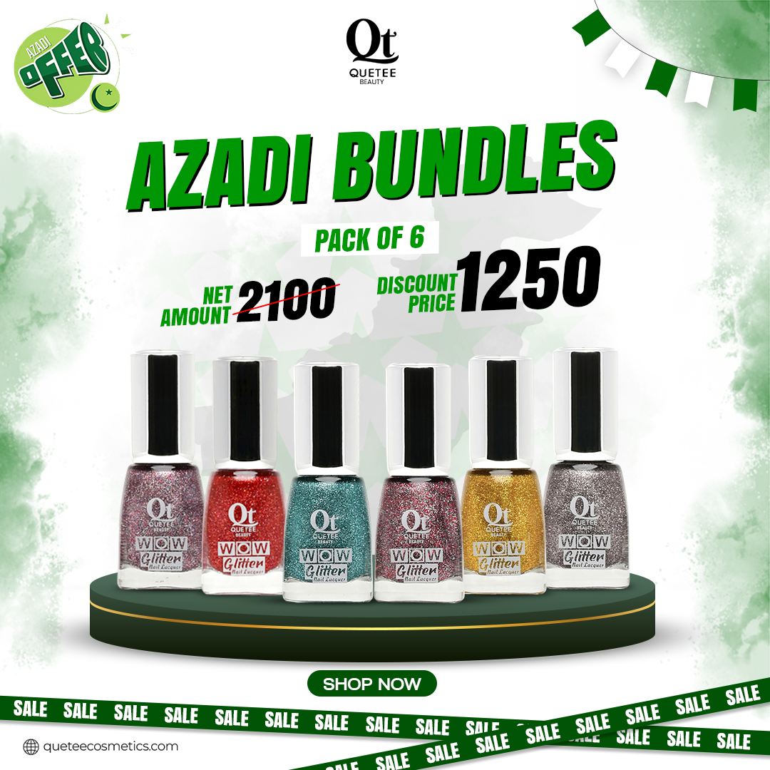 Quetee WOW Glitter Nail Lacquer Azadi Bundle pack of six sparkling nail polish shades.
