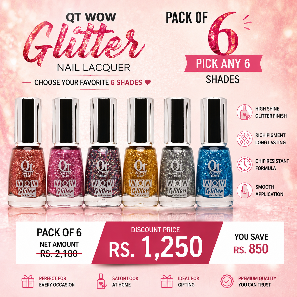 Quetee Beauty Pick Any 6 Glitter Nail Paint Bundle